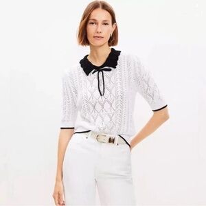 LOFT White and Black Knit Polo Blouse